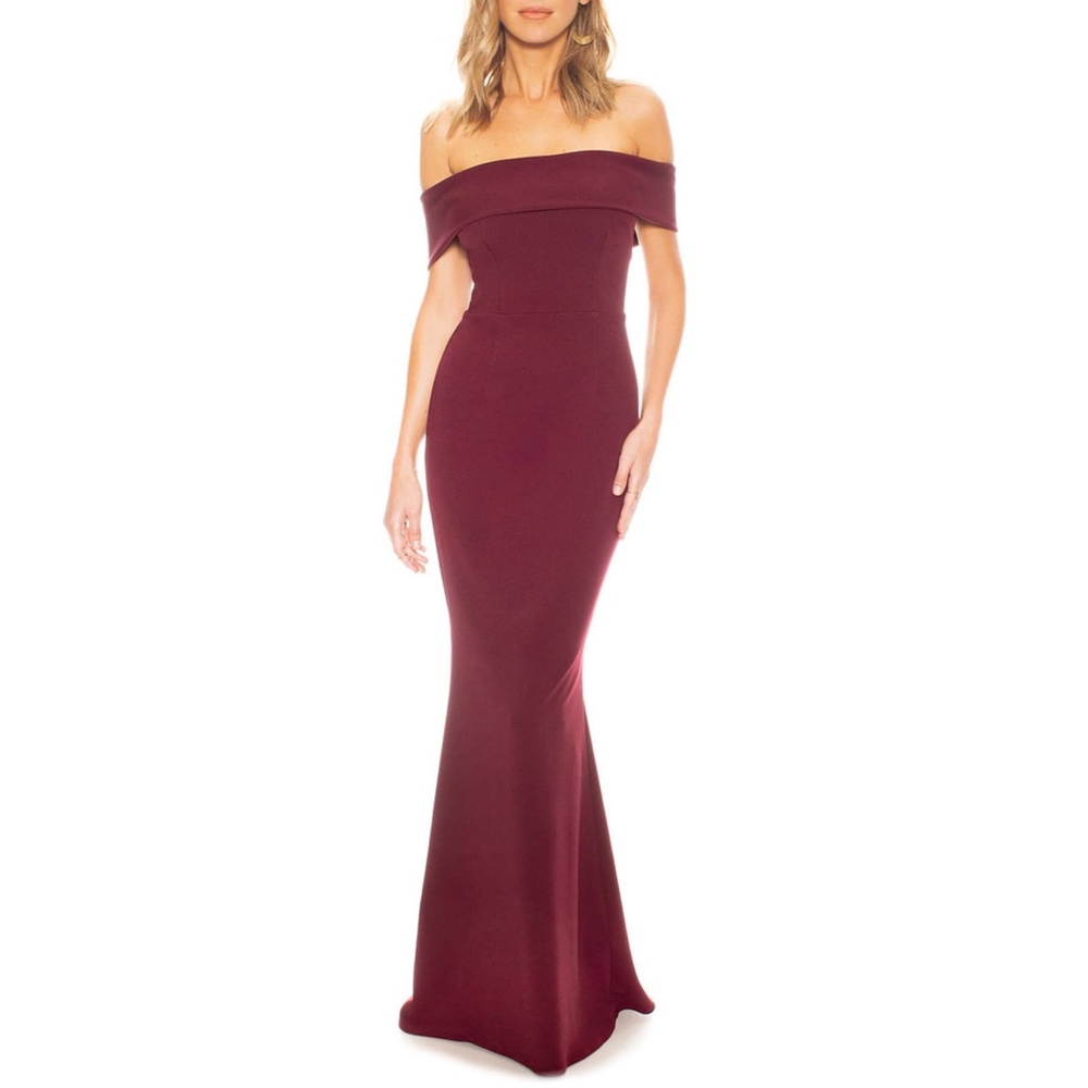 NEW Katie May Legacy Off the Shoulder Crepe Gown Burgundy Size 4